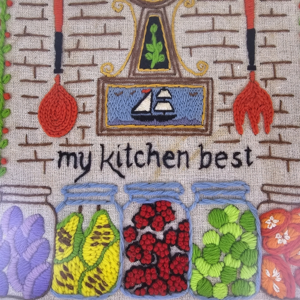 Vintage Framed Crewel Wall Art Kitchen Retro Cottage Farmhouse - Picture 4 of 10